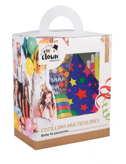 Vue de trois-quarts de la boîte du kit cotillons multicolores pour 10 personnes