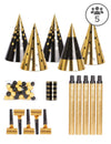 Kit cotillons noir et doré pour 5 personnes noir et or avec chapeaux et accessoires de fête
