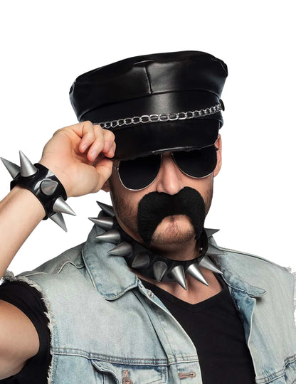 Kit d'accessoires rockeur pour adulte noir et argent avec moustache et bijoux à pointes