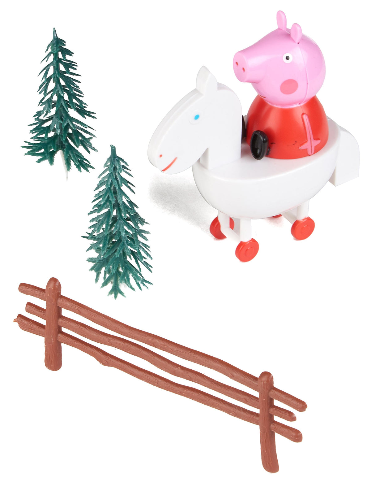 Kit de décoration pour gâteau Peppa Pig avec Peppa sur un cheval blanc sapins et barrière