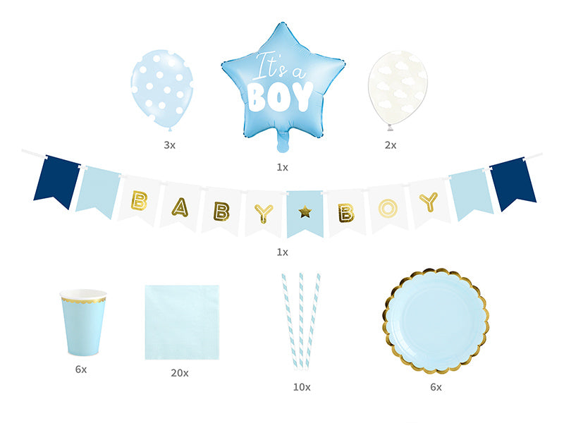 Kit décoration avec vaisselle baby shower pour garçon bleu et doré