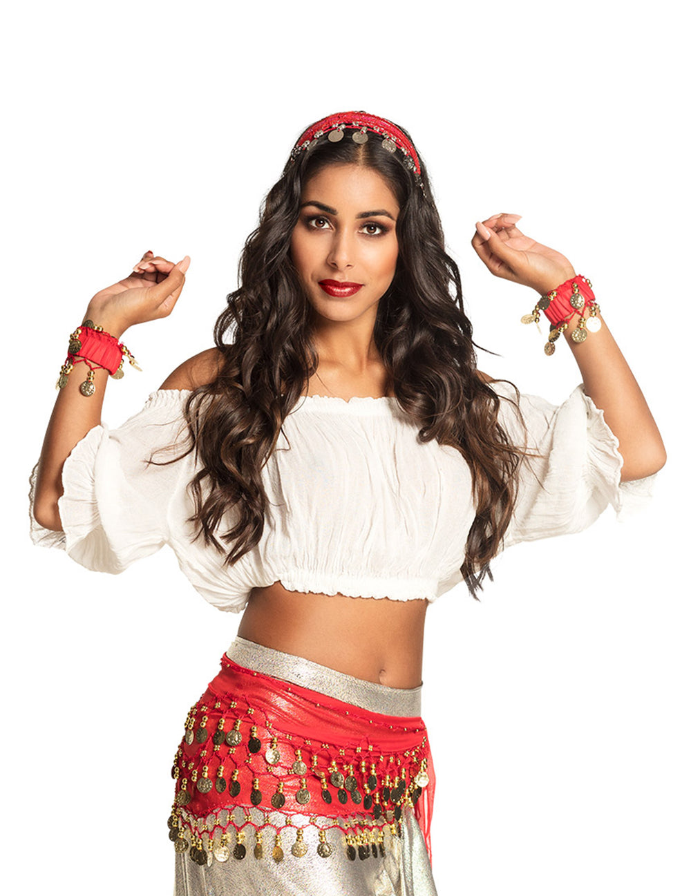 Kit accessoires danseuse orientale pour femme rouge avec pièces dorées