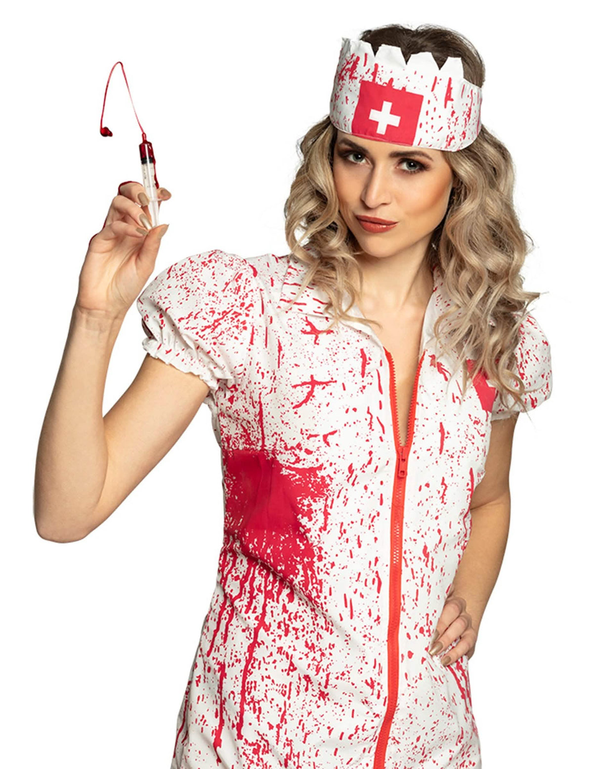 Krupni plan na krvavu kapu i špricu iz horor kompleta medicinske sestre za odrasli
