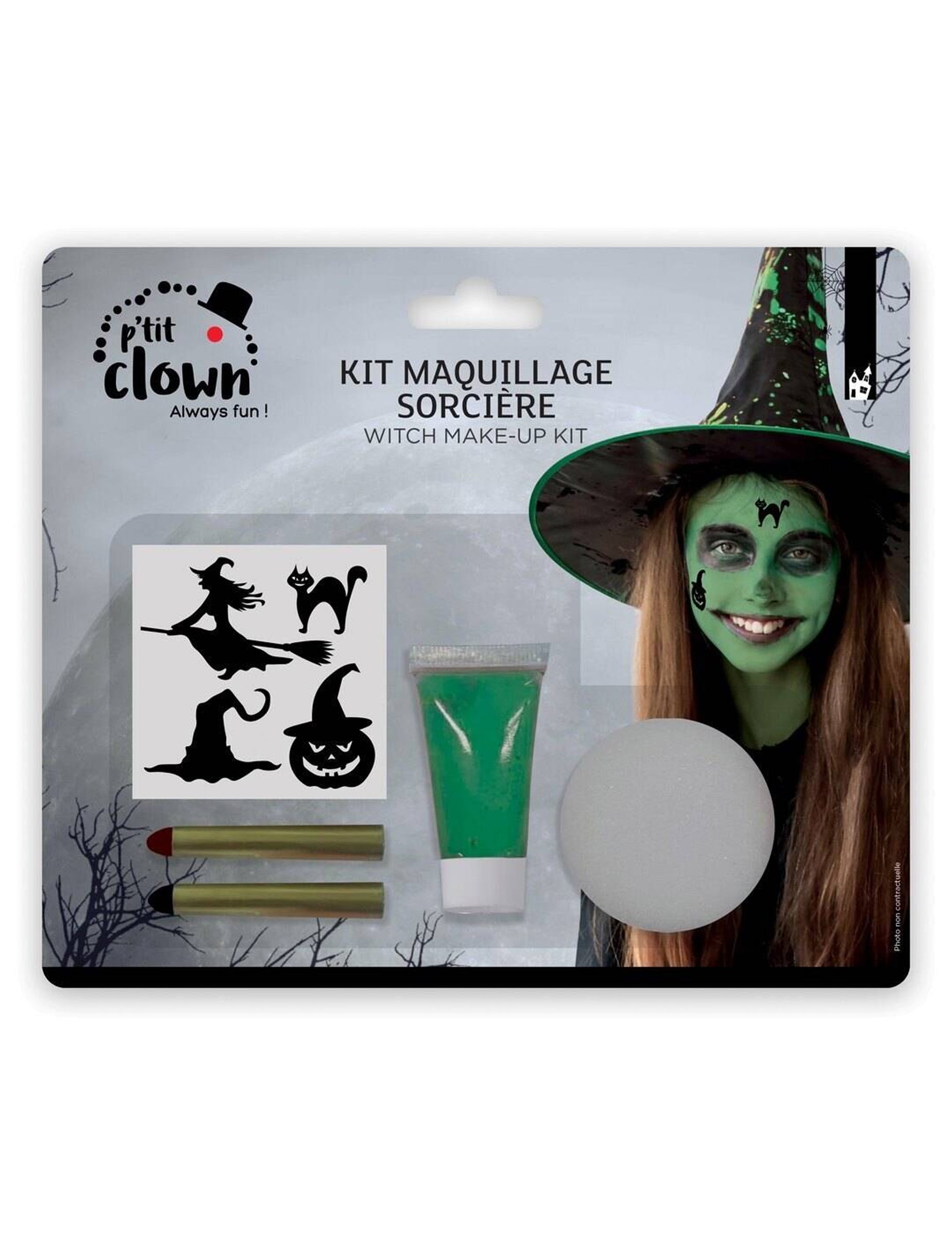 Kit maquillage sorcière pour enfant vert avec pochoirs et accessoires