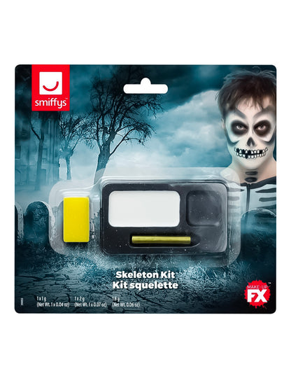 Gros plan sur le visage maquillé du kit maquillage squelette pour adulte