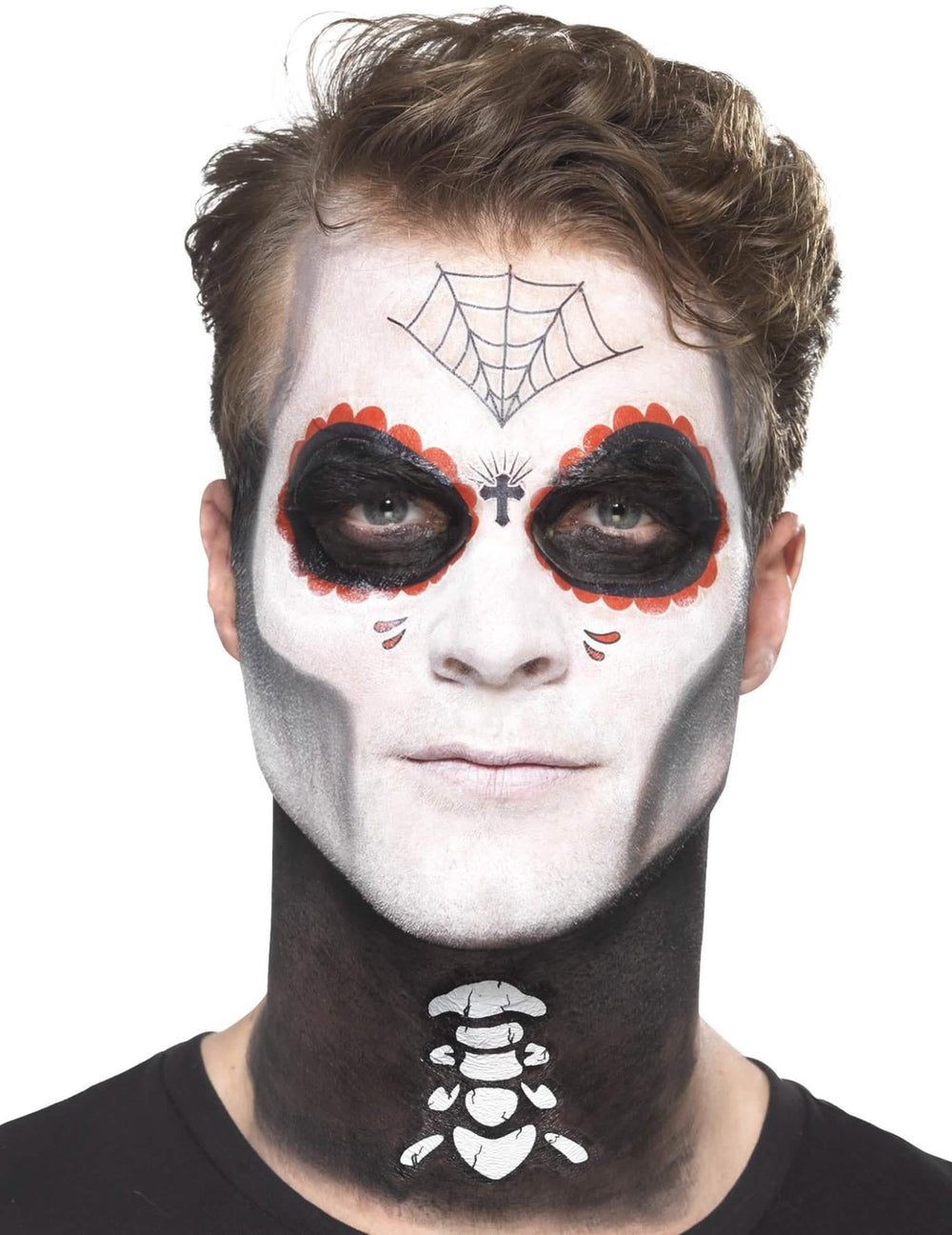Krupni plan uzoraka lica i vrata iz Dia de los muertos meksičkog skeletnog kompleta za šminka