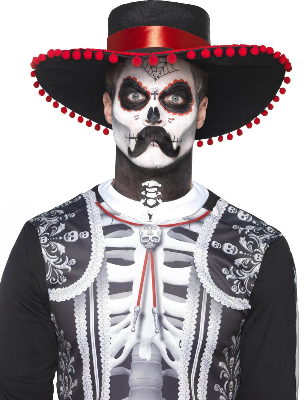 Komplet za šminku meksički kostur Dia de los muertos za odrasli crno i bijelo sa sombrerom s crvenim pomponiма