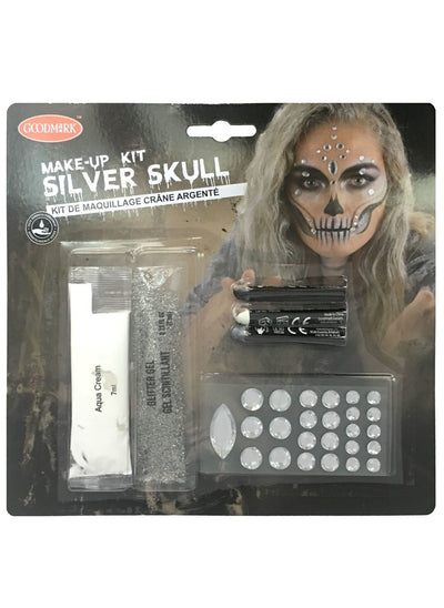 Gros plan sur le visage maquillé du Kit maquillage squelette sexy pour adulte argent