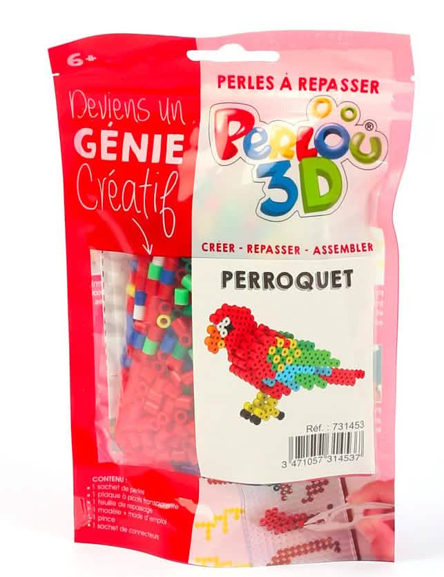 Prednji prikaz pakiranja 3D seta perlica za glačanje papagaj