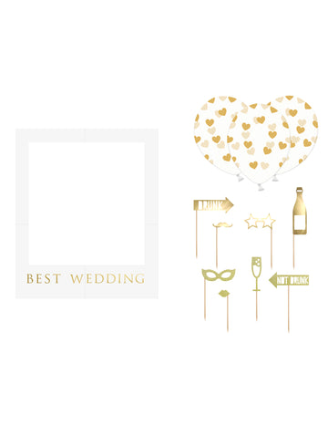 Kompletan set za vjenčanu foto kabinu u bijelo-zlatnom stilu, 12 dijelova s okvirom