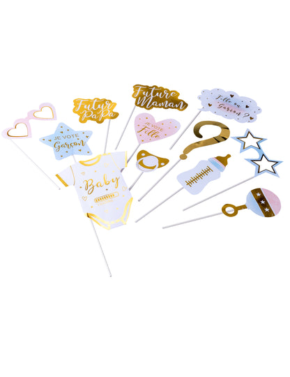 12-dijelni komplet za fotokabinu s otkrivanjem spola u ružičastom, plavom i zlatnom stilu za djevojčice ili dječake