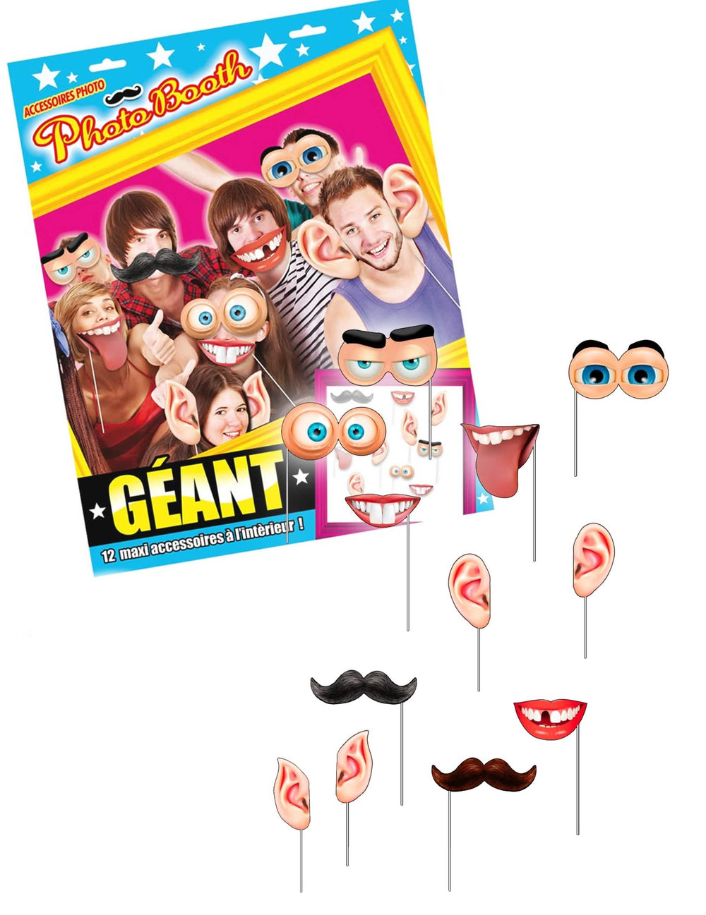 Veliki fotobooth komplet s 12 dodataka za zabavu, višebojno, s ustima, očima i ušima