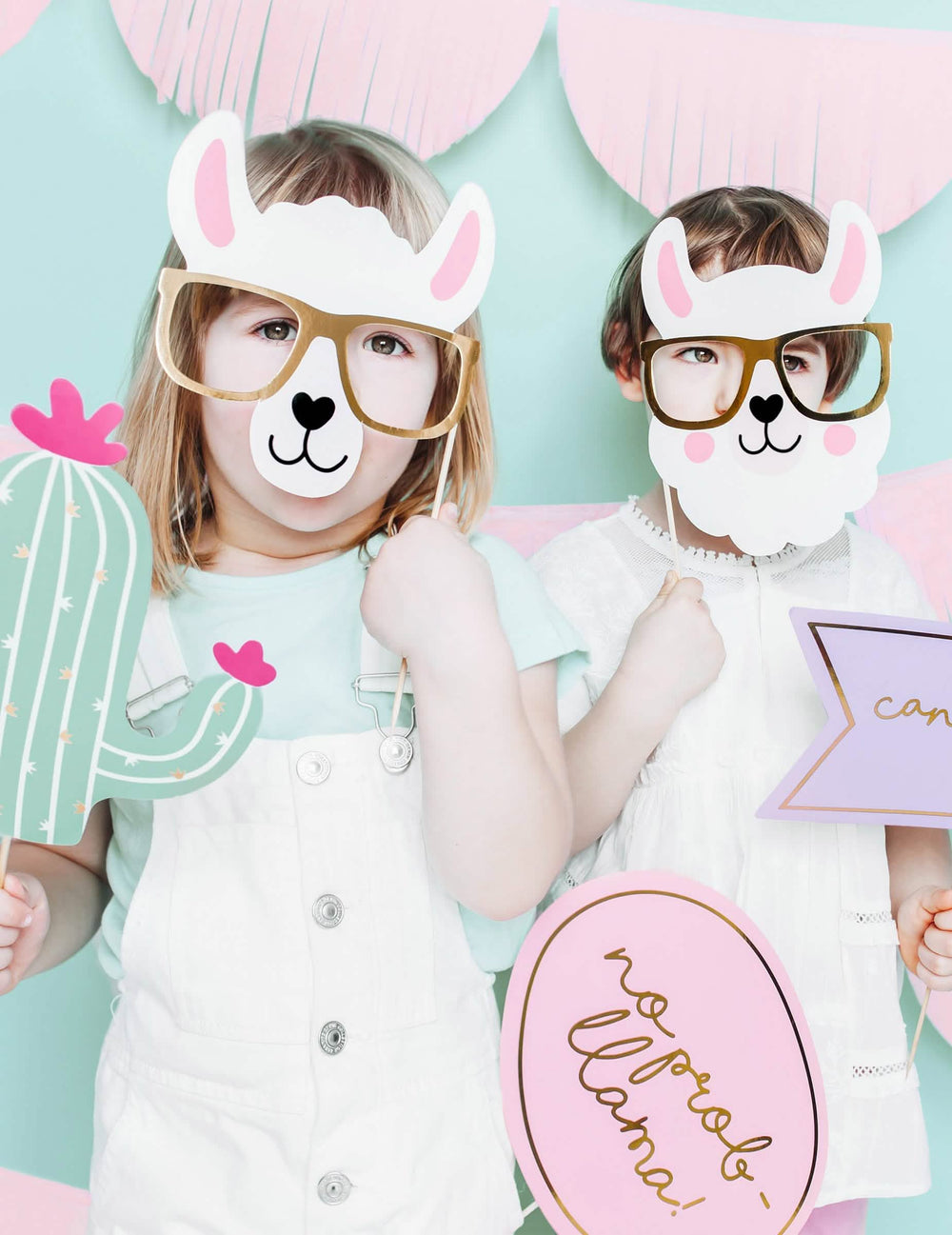 Prikaz djece s pastelnim lama photobooth kompletom od 5 dijelova za rođendan