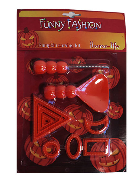 Vue des accessoires sous emballage du kit sculpture pour citrouille pour Halloween