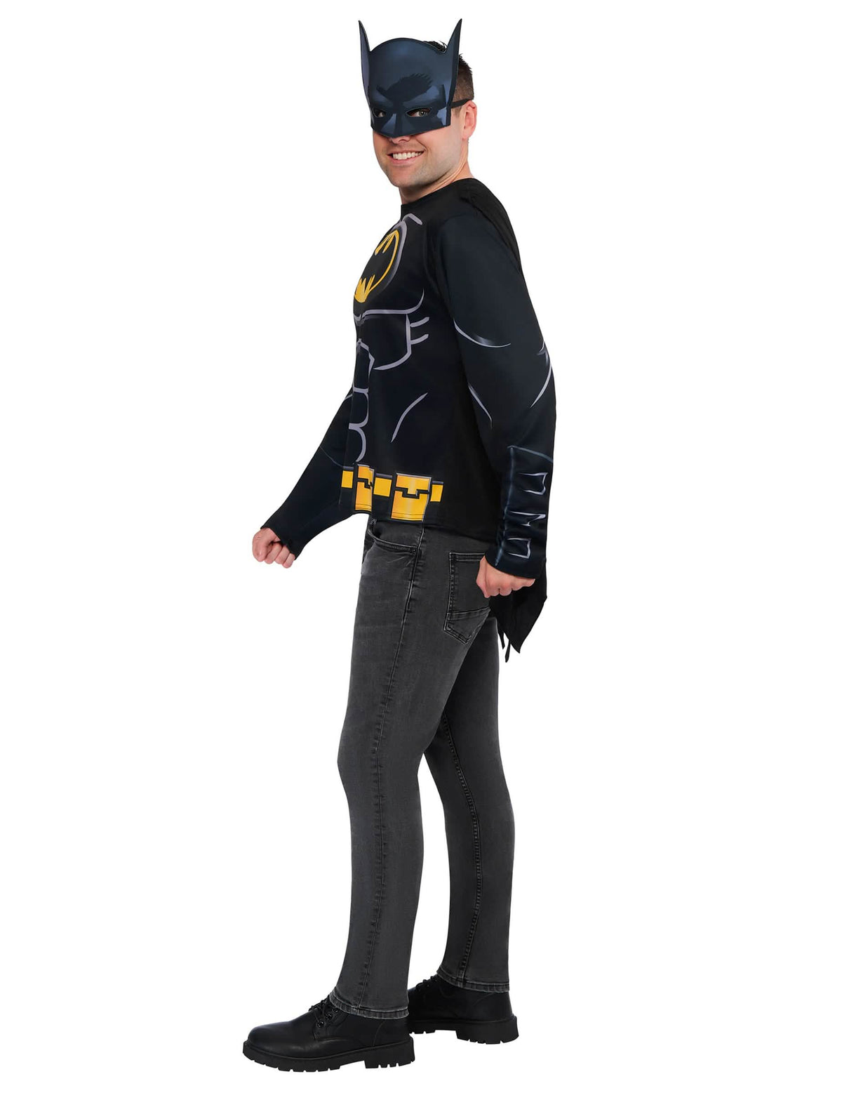 Vue de profil du kit top et masque Batman pour adulte