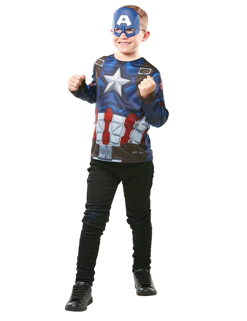 Vue de face du kit top et masque Captain America pour enfant