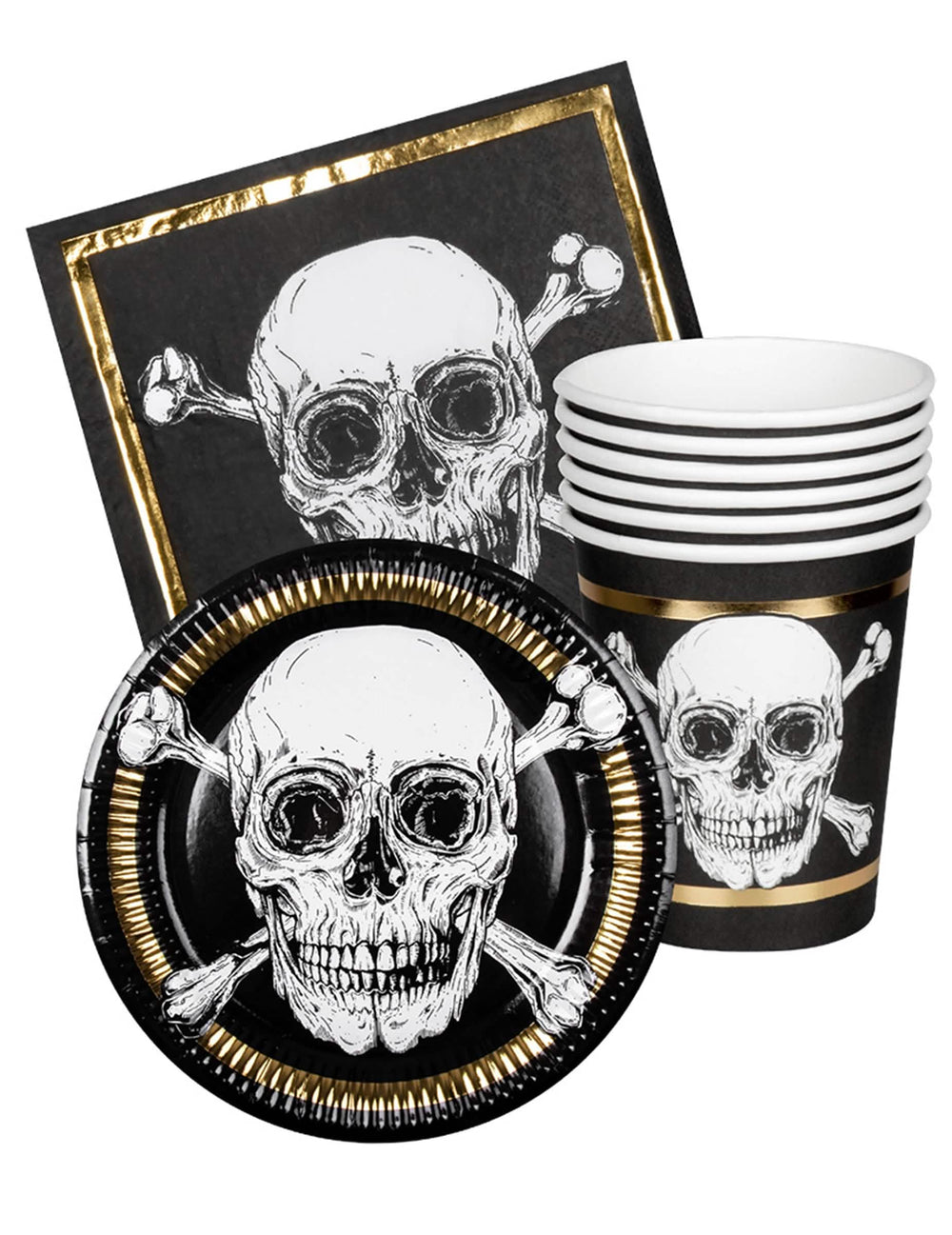 Komplet posuđa Pirate Jolly Roger za 6 osoba crna i zlatna