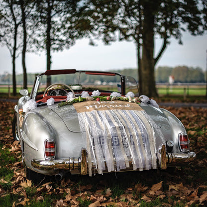 Kompletan rustikalni set za vjenčani automobil od jute i čipke za mladenku i mladoženju, tek vjenčane