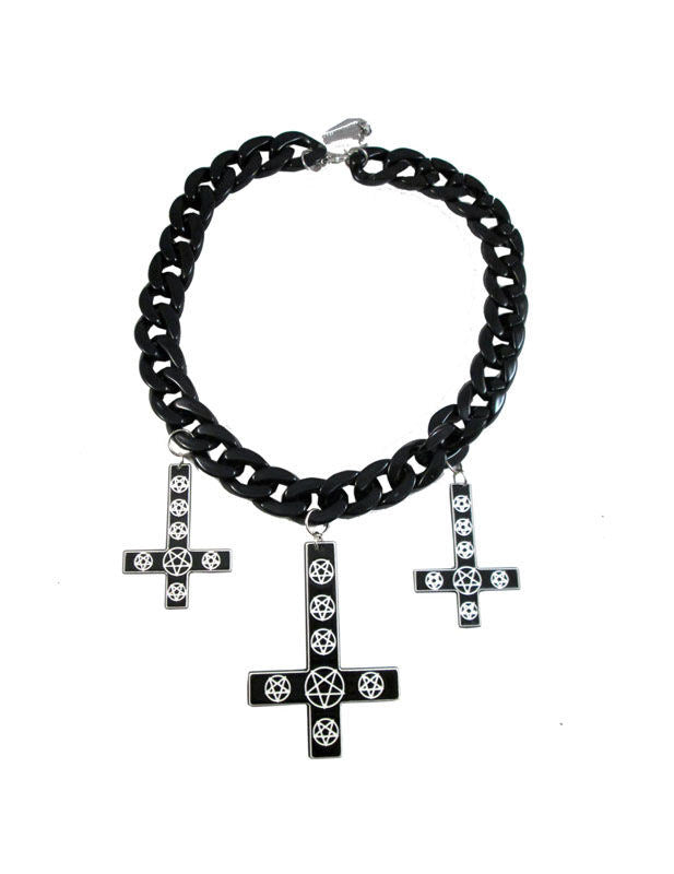 Collier gothique avec 3 croix pour adulte noir à grosses mailles