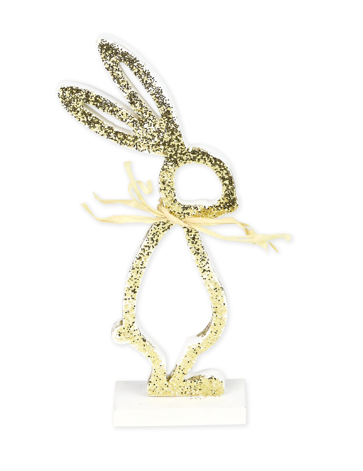 Lapin sur socle en bois de Pâques pour décoration blanc et paillettes dorées