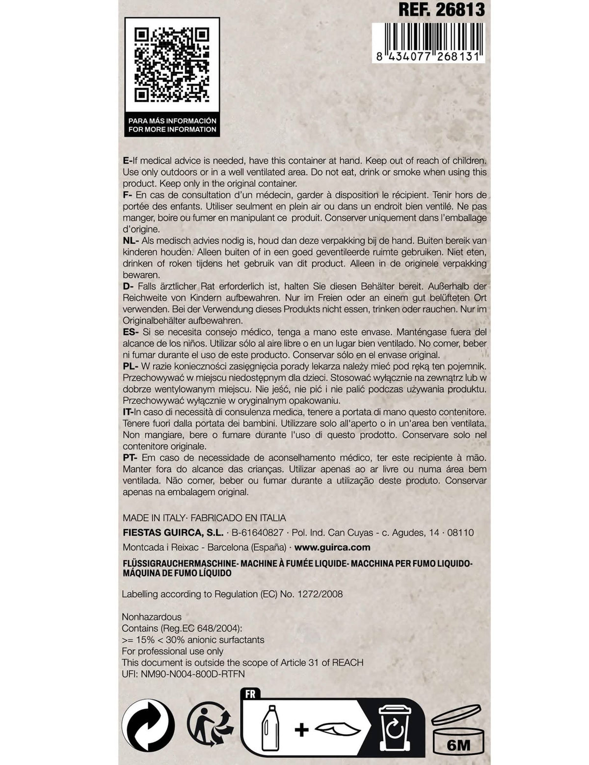 Précautions d'emploi et étiquette du liquide à fumée à base d'eau 1L