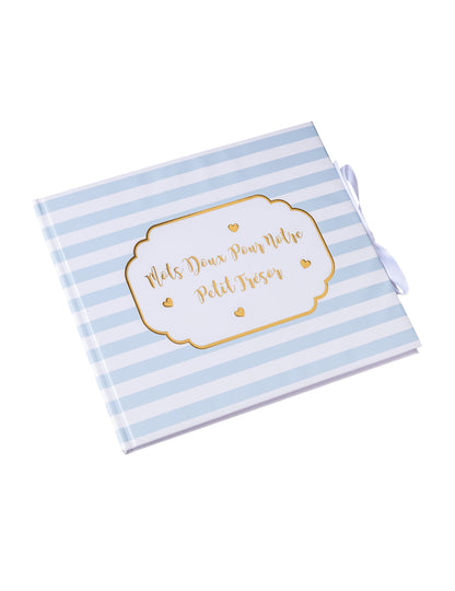 Livre d'or petit trésor pour baby shower rayé bleu et doré