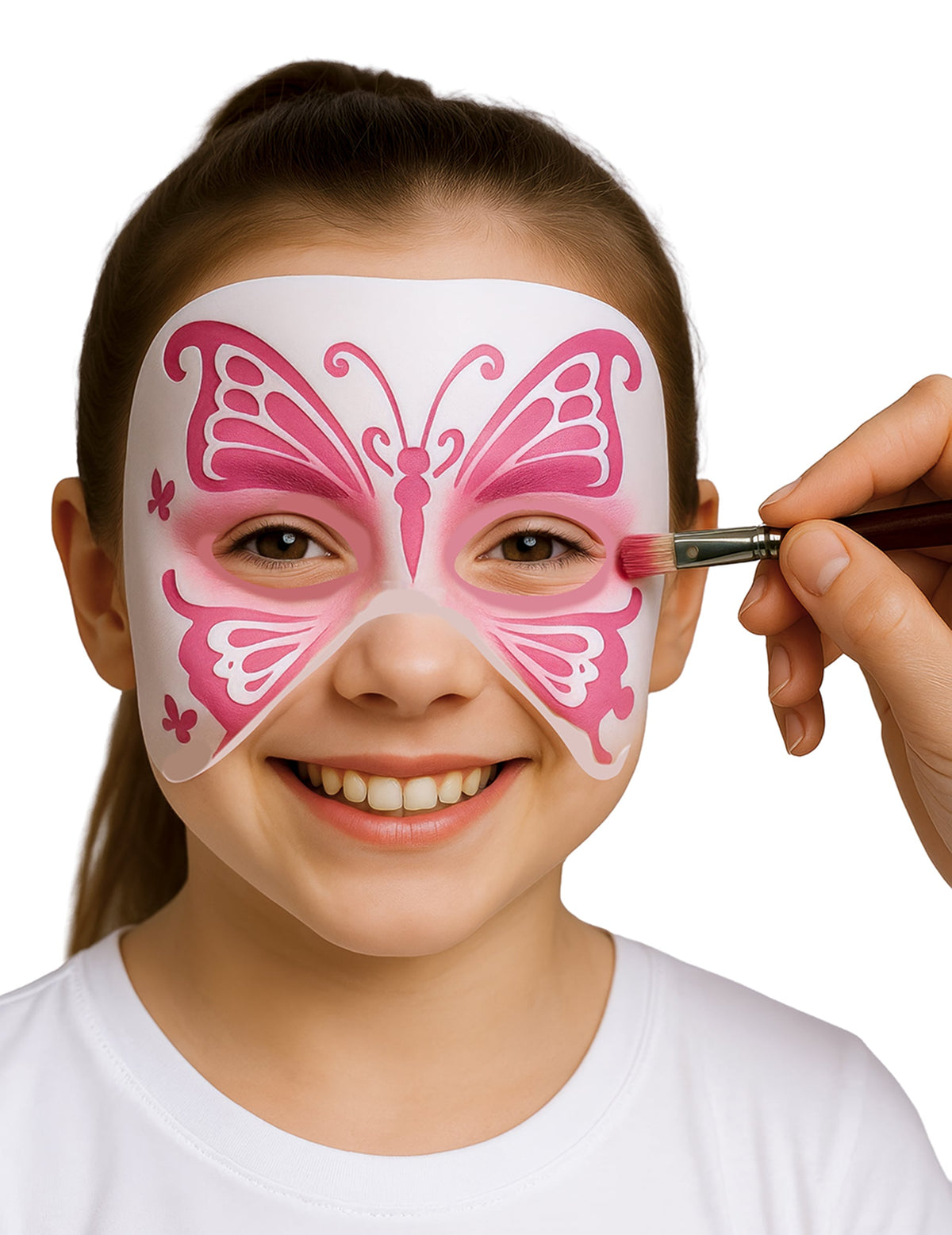 Rendu du motif papillon rose du lot de 4 pochoirs maquillage animaux pour enfant