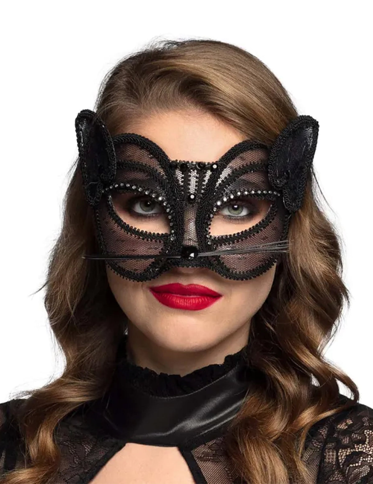 Loup chat pour femme en dentelle noire avec strass