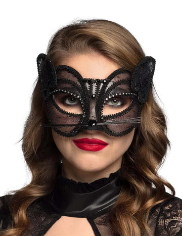 Loup chat pour femme en dentelle noire avec strass et moustaches