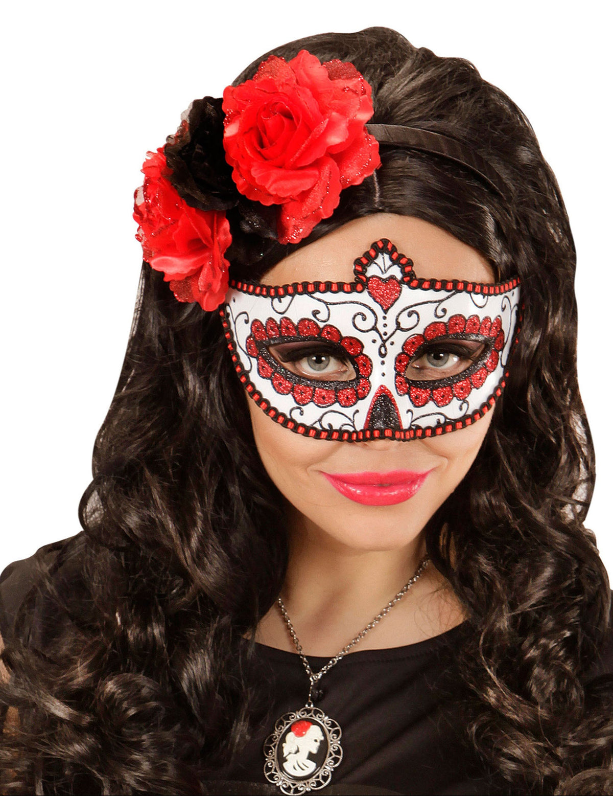 Loup Dia de los muertos pour adulte rouge pailleté avec fleurs