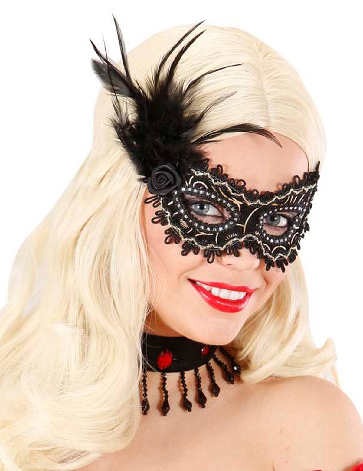 Loup noir et doré à plumes pour adulte noir et doré avec dentelle