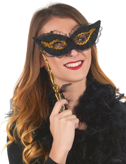 Loup noir et or avec dentelle sur tige pour adulte noir et doré