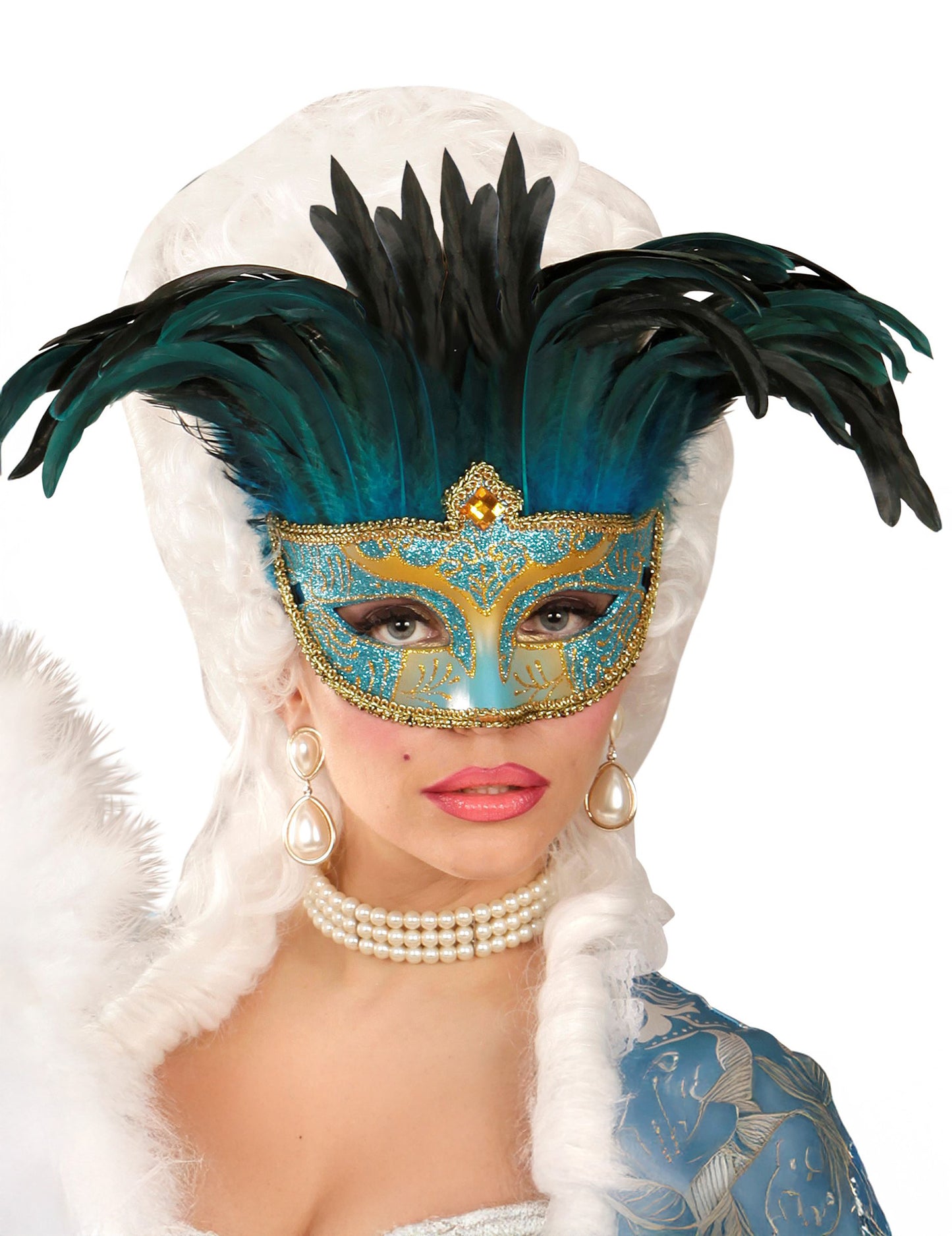 Loup vénitien bleu et or à plumes adulte