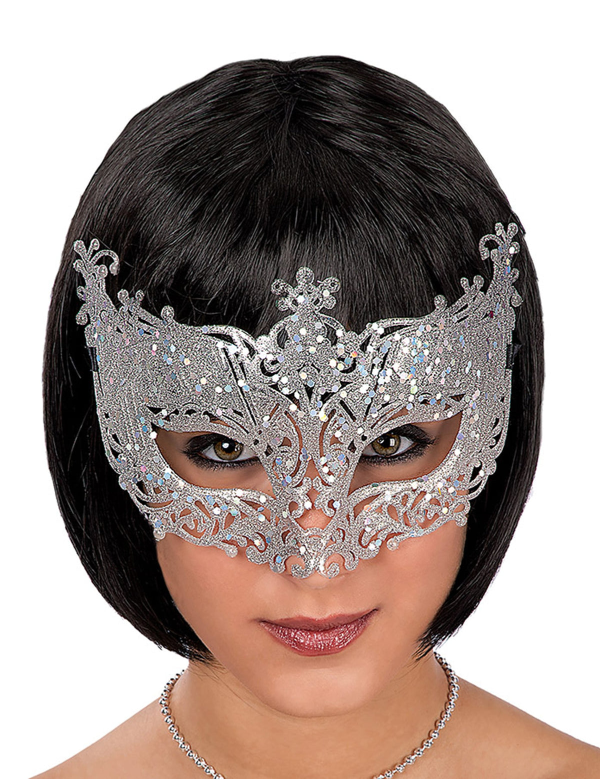Loup vénitien en dentelle pour adulte argenté à paillettes