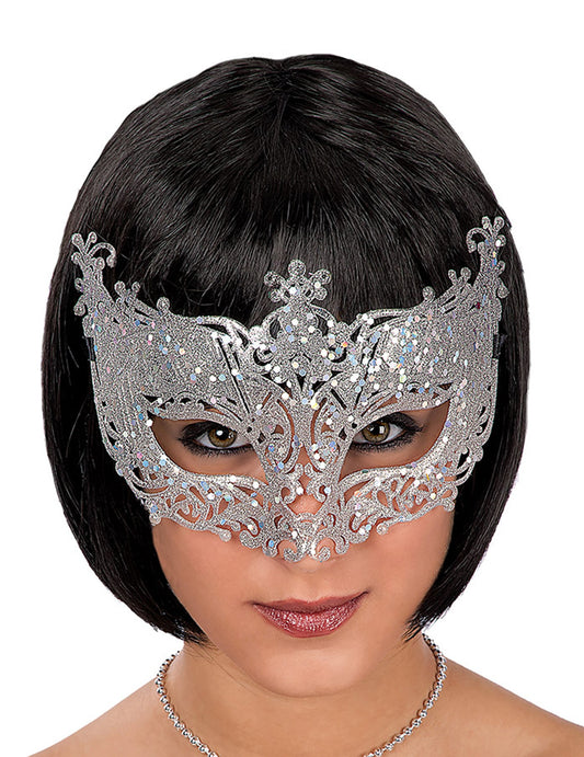 Loup vénitien en dentelle pour adulte argenté à paillettes
