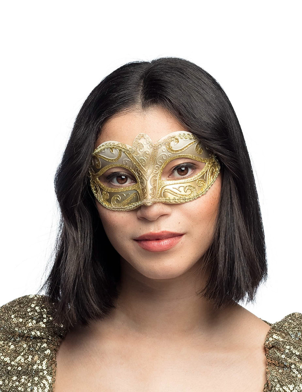 Prednji prikaz venecijanske maske za žena zlatna s gliterom