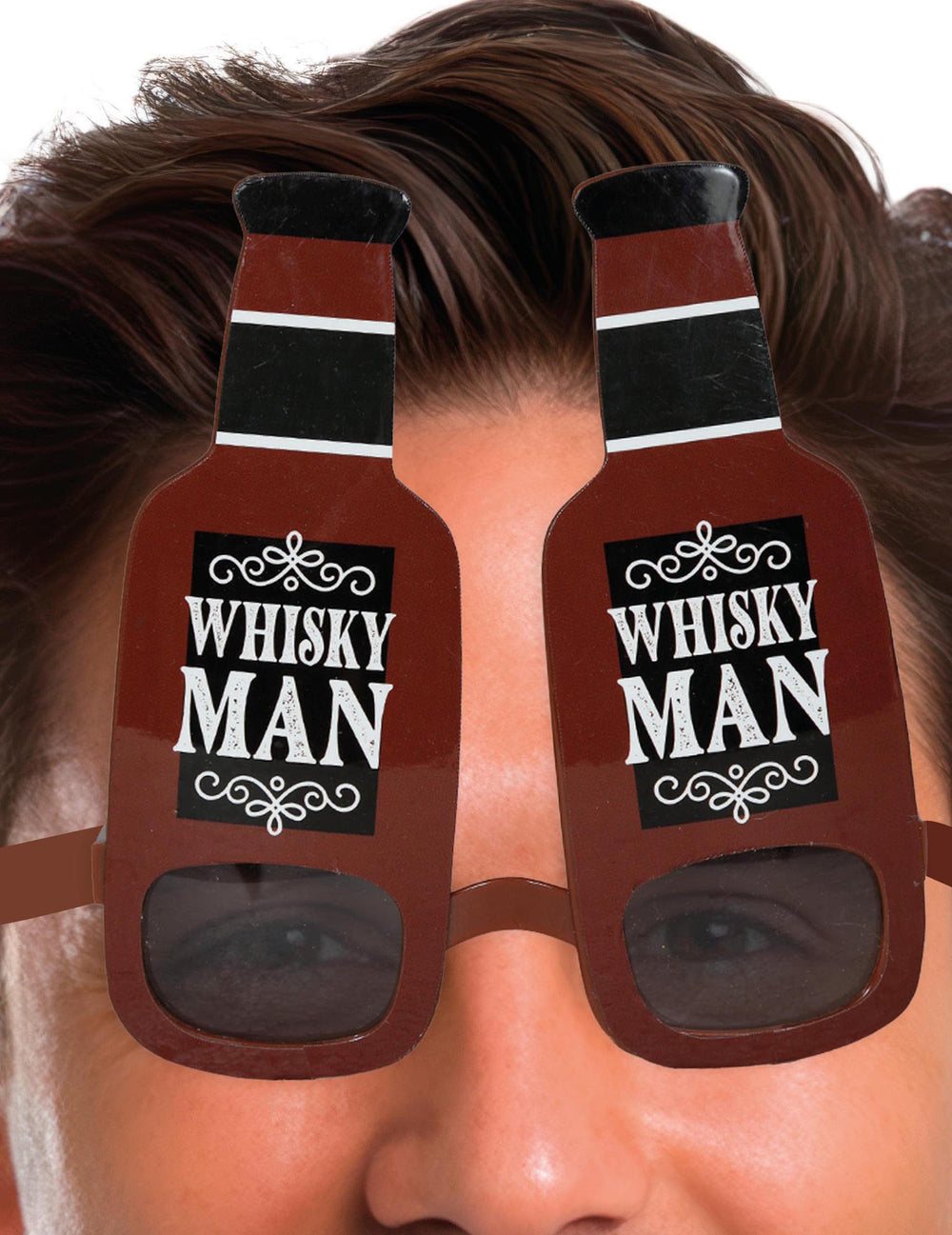Gros plan sur l'étiquette Whisky Man des lunettes bouteilles de whisky pour adulte