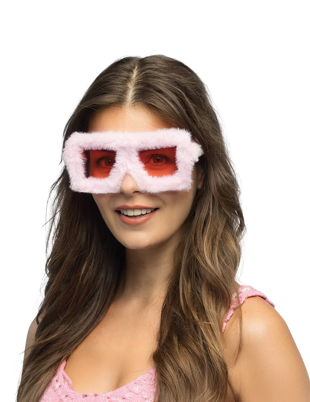 Lunettes de fête en peluche pour adulte rose avec verres rouges