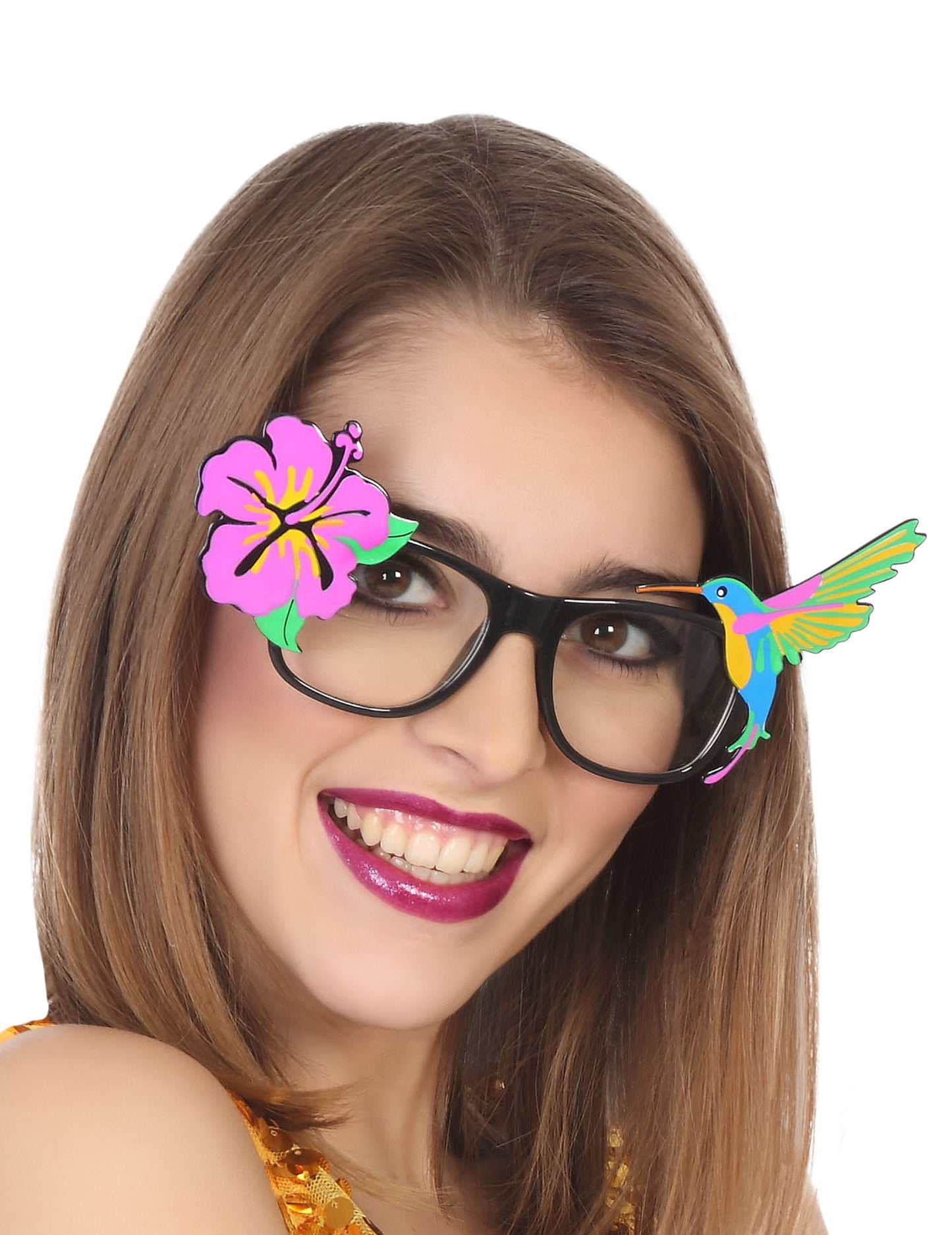Lunettes été hawaïennes pour adulte noires avec fleur d'hibiscus rose et colibri multicolore