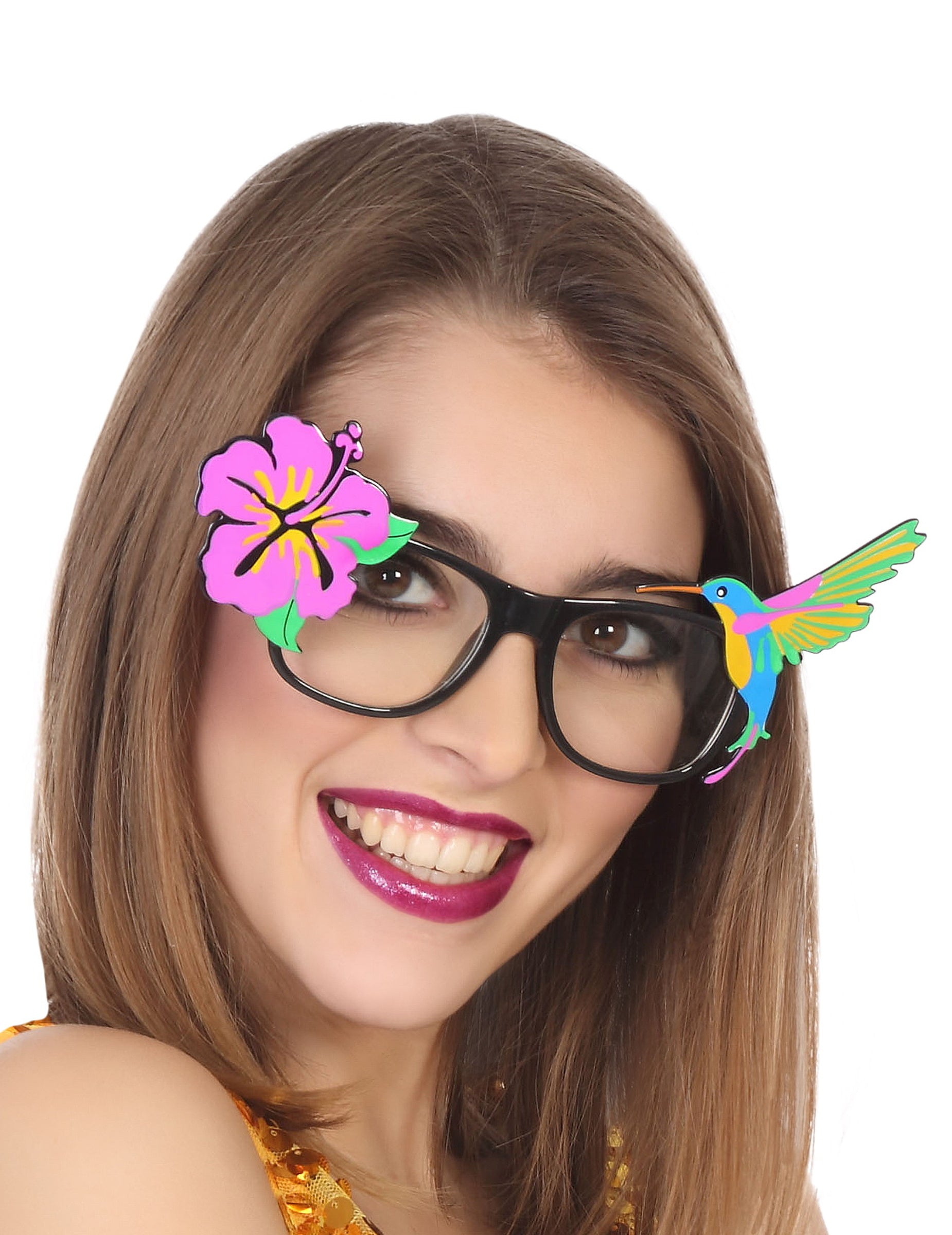 Lunettes été hawaïennes pour adulte noires avec fleur d'hibiscus rose et colibri multicolore