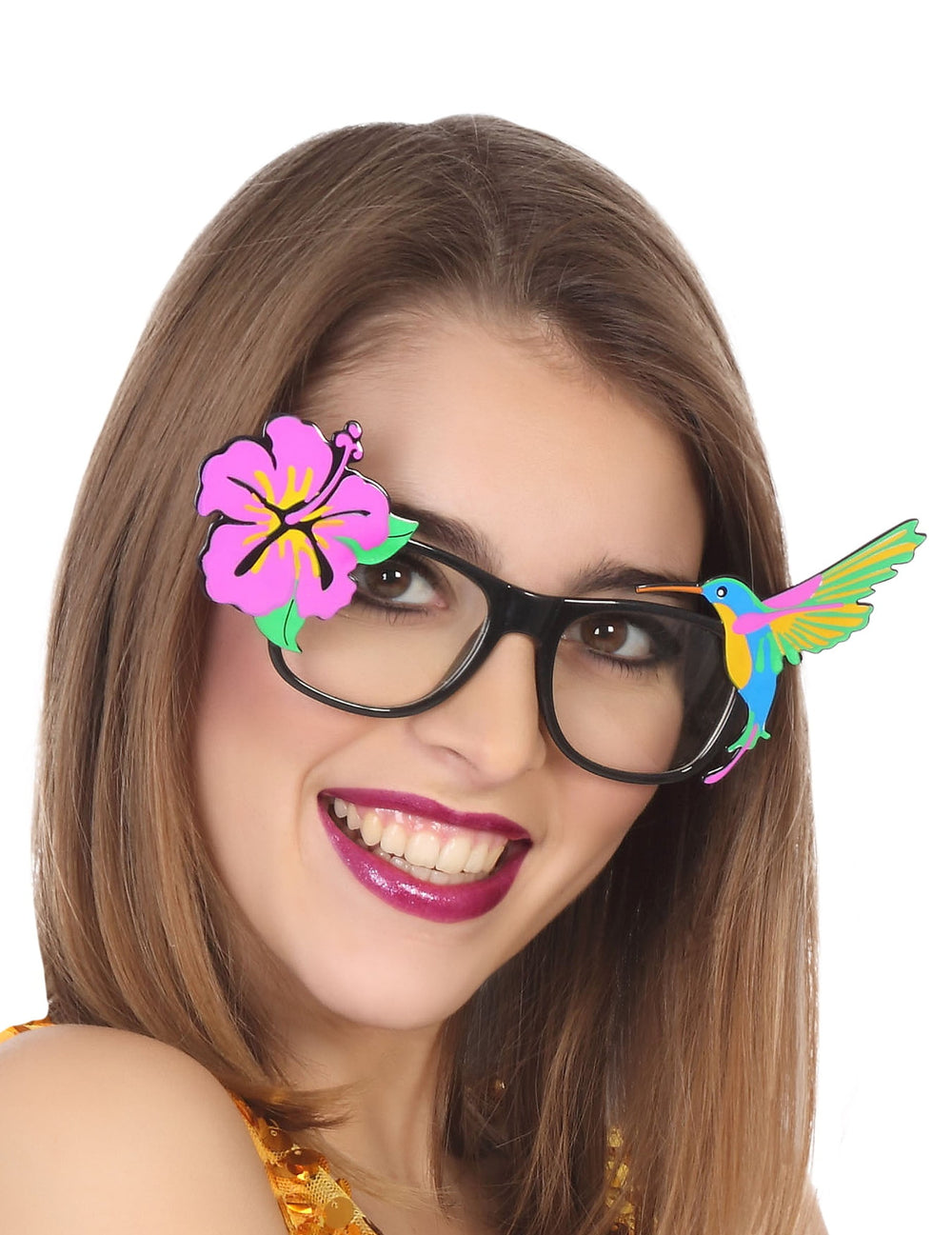 Lunettes été hawaïennes pour adulte noires avec fleur d'hibiscus rose et colibri multicolore