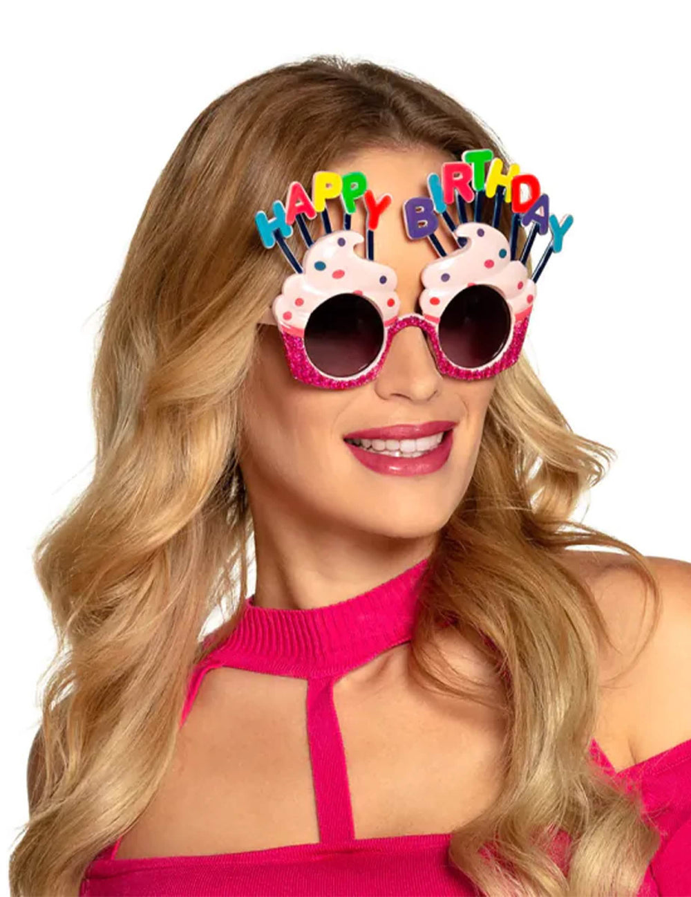 naočale Happy Birthday cupcake za odrasli roza sjajne s višebojno natpisom