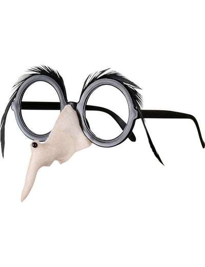 Lunettes nez et sourcils de sorcière pour femme Halloween noir et beige avec plumes