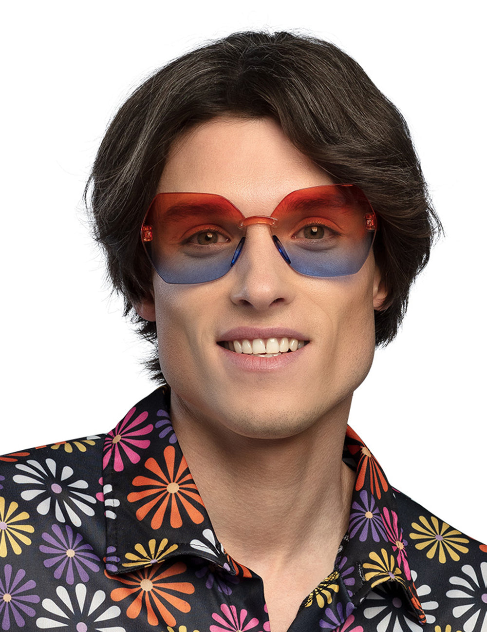 Lunettes party Woodstock pour adulte dégradées rouge et bleu sans monture