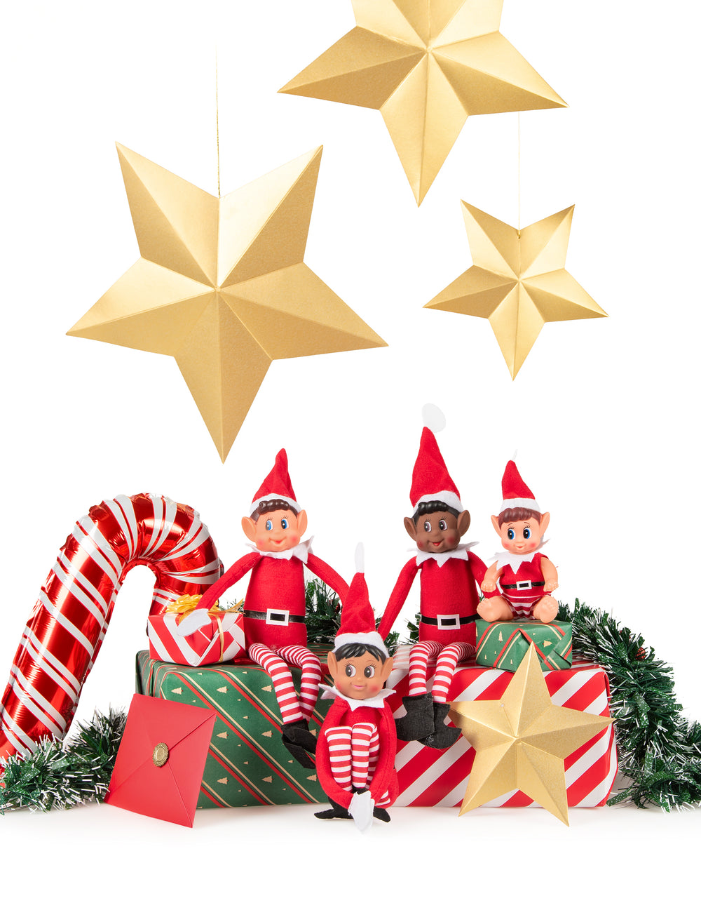 Mise en scène festive avec cadeaux du lutin farceur Elvie