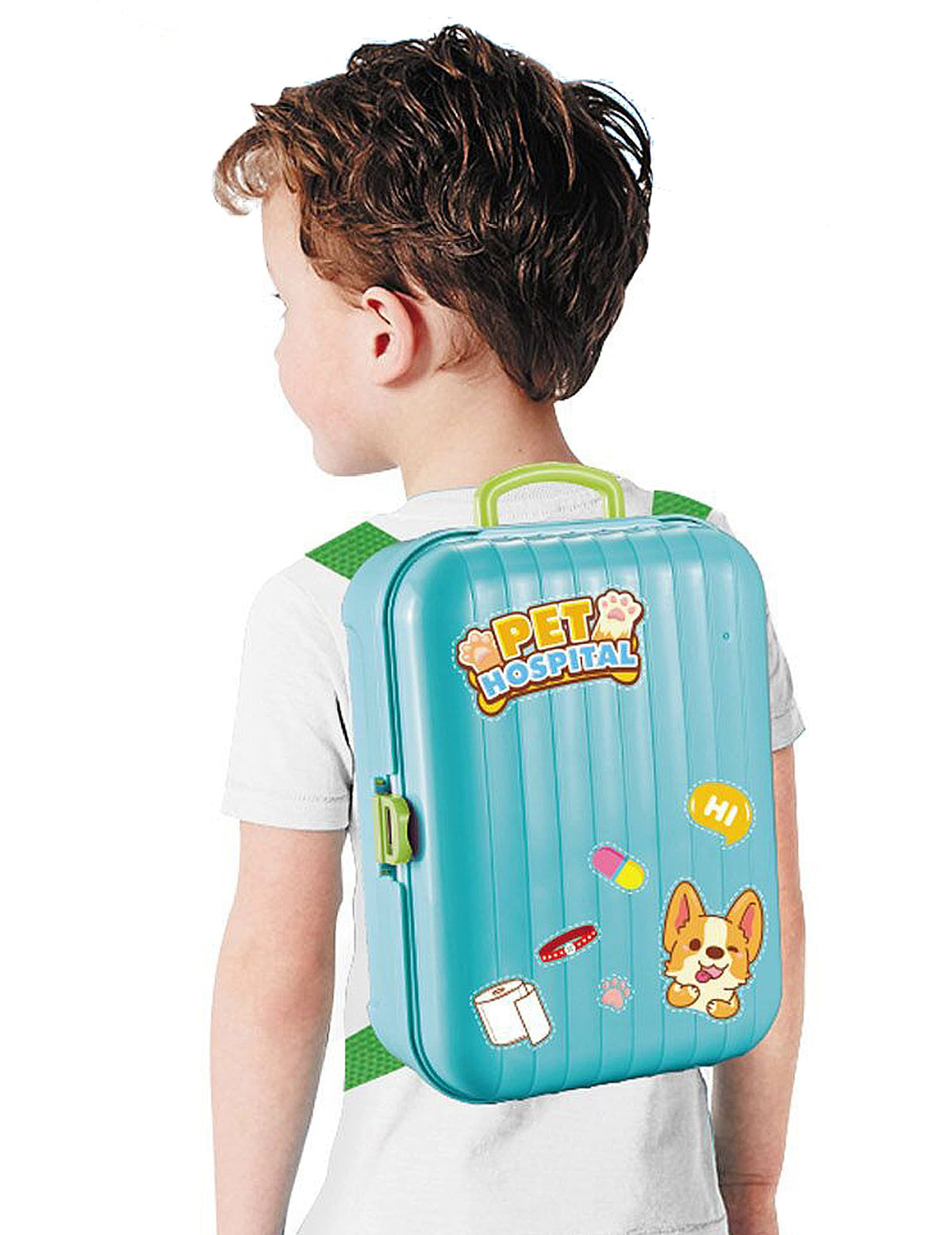 Vue de dos du sac à dos du kit de jeu vétérinaire porté par un enfant
