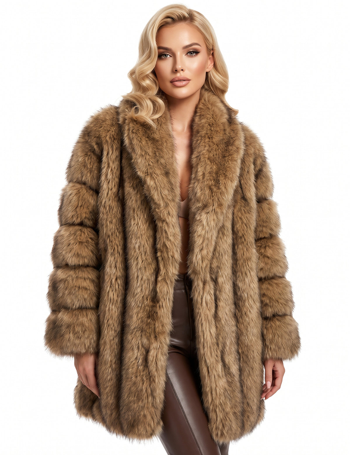 Manteau long en fausse fourrure de luxe marron