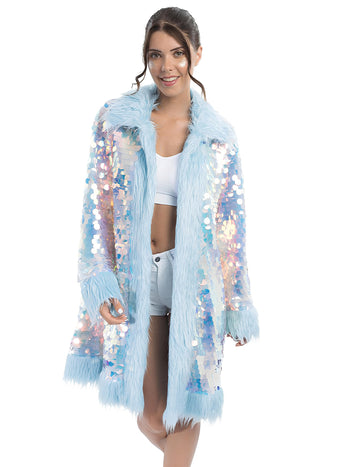 Dvostrani plavi kaput sa šljokicama i umjetnim krznom za odrasle