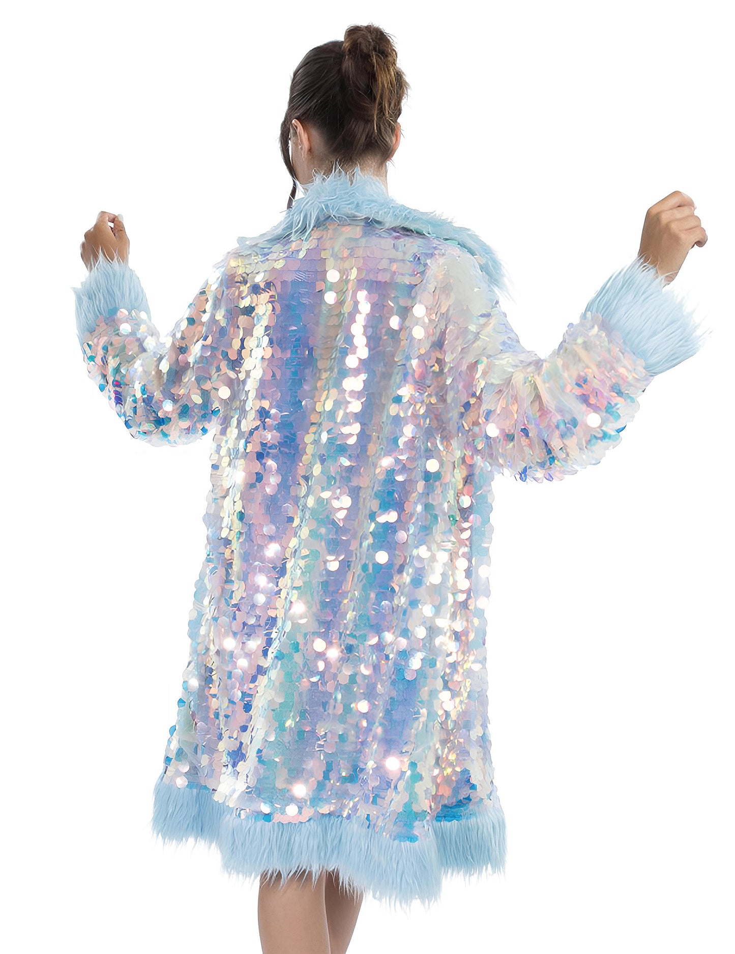 Dvostrani plavi kaput sa šljokicama i umjetnim krznom za odrasle