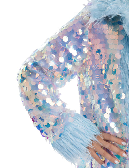 Dvostrani plavi kaput sa šljokicama i umjetnim krznom za odrasle